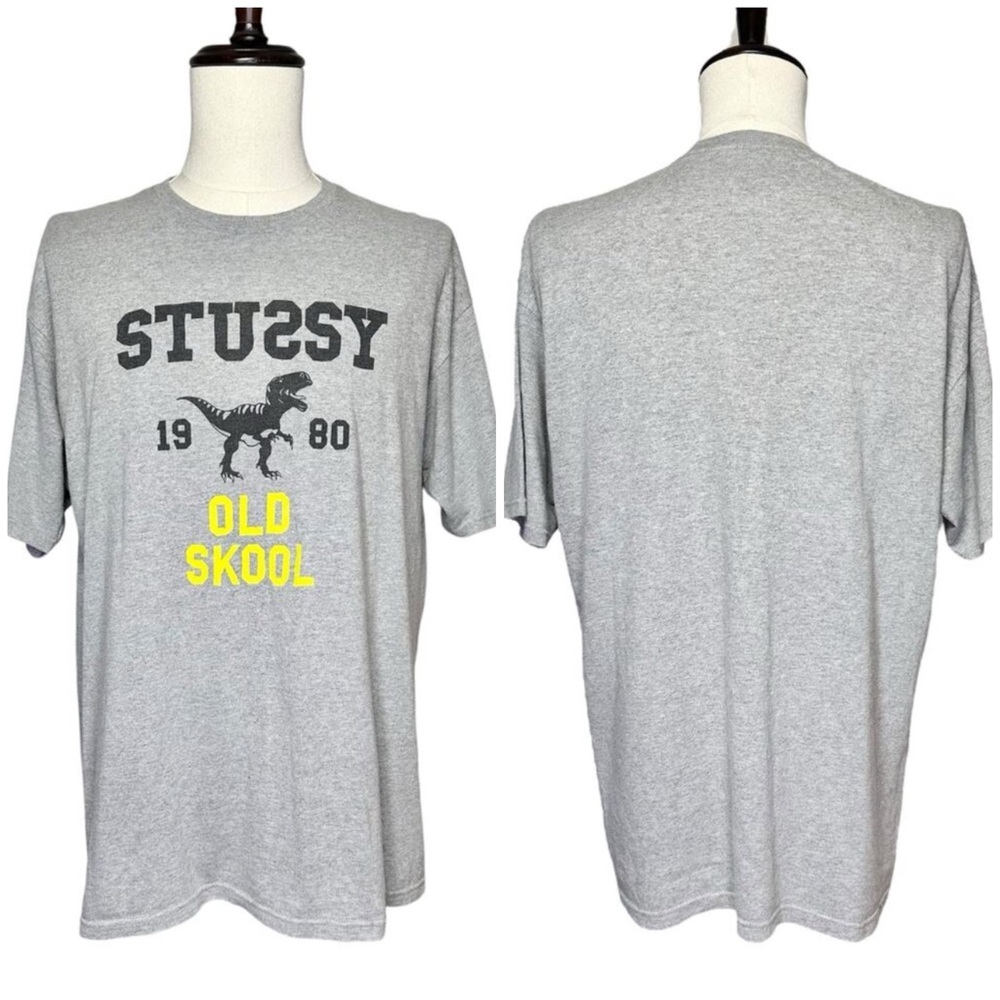 Stussy | Men | Gray Old Skool Dino T-Rex Crew Neck SS Graphic Tee | Size Large